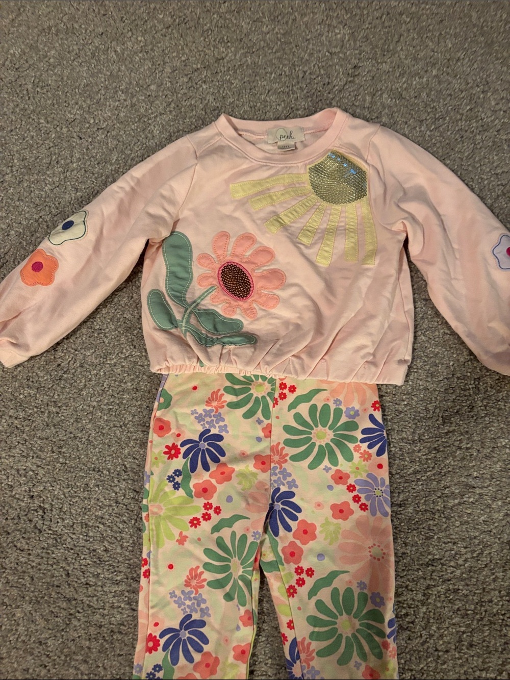 Peek Pink Floral Appliqué Sweatshirt & Matching Floral Pants Girls 3T